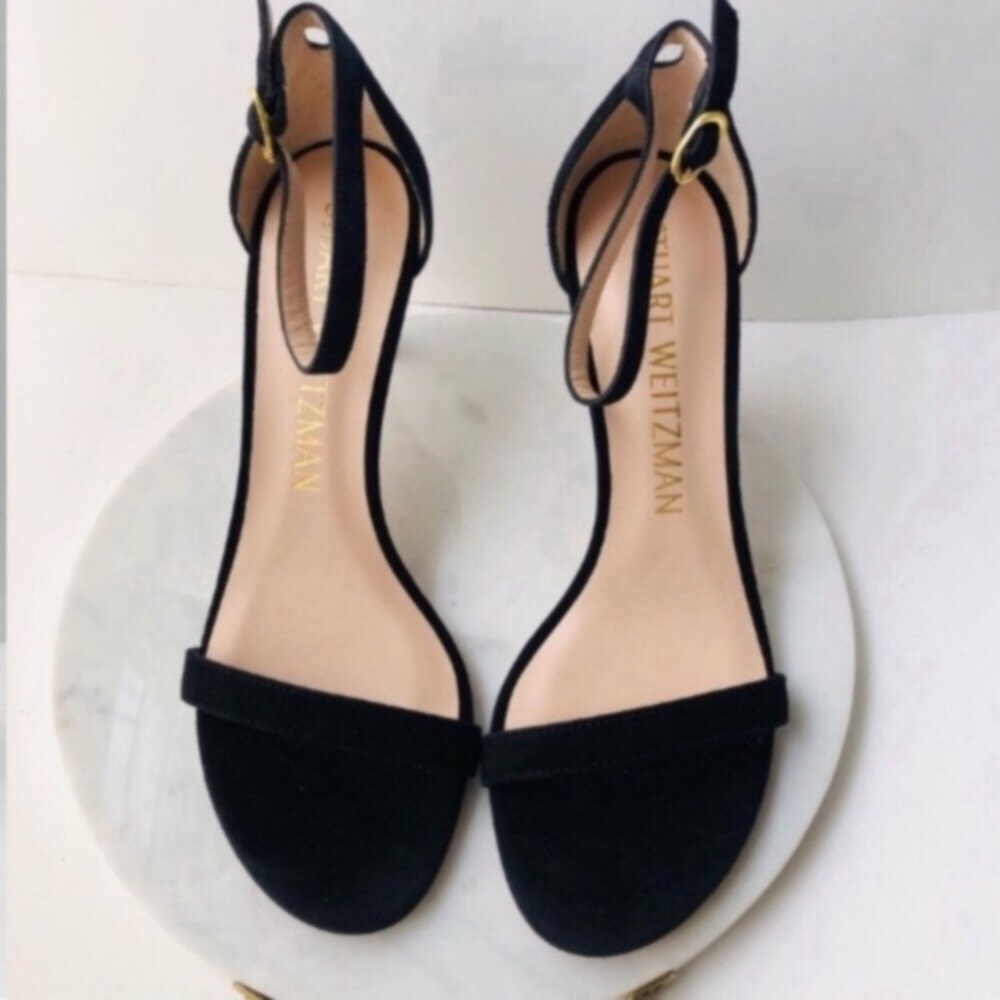 STUART WEITZMAN NUNAKEDSTRAIGHT Black Suede Leather High Heel Sandals